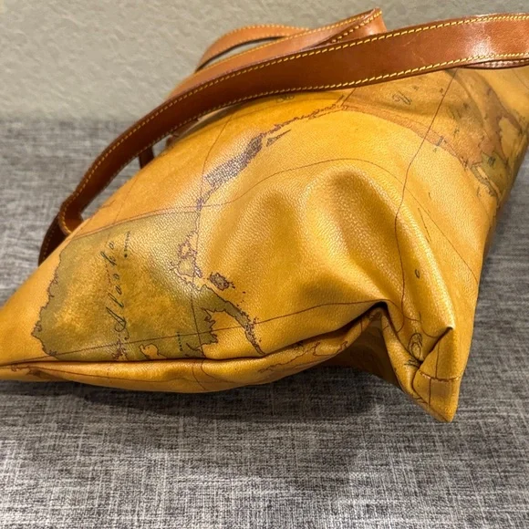 Alviero Martini Tan Map Print Shoulder Bag with Zipper Closure